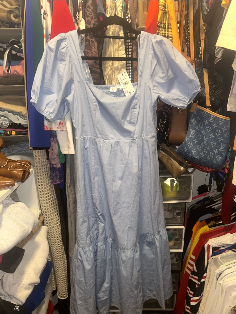 Astr Light Blue Puff Sleeve Midi Dress